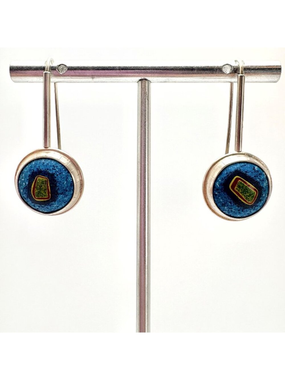 Crushed Turquoise & Sterling Silver 925 Circle Dangle Earrings Signed 2"L